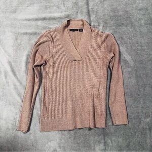 JEANNE PIERRE Women's Ribbed V-Neck Sweater - Light Brown- women’s medium